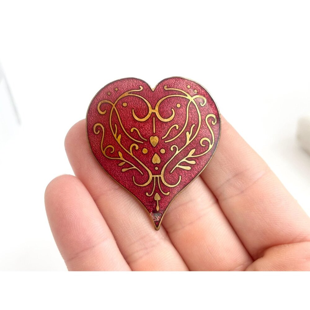 MMA (Modern Museum of Art) Cloissone 1985 Gold T Heart Vintage Brooch Pendant - Picture 3 of 10